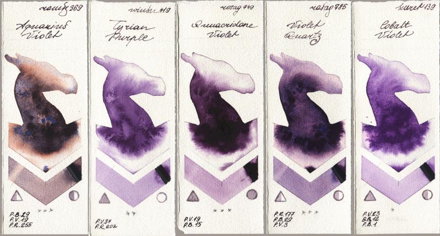 Roman Szmal Aquarius 369 Aquarius Violet vs Winsor & Newton Professional 419 Tyrian Purple vs Rosa Gallery 749 Quinacridone Violet vs 785 Violet Quartz vs Kuretake Gansai Tambi 139 Cobalt Violet watercolor swatch