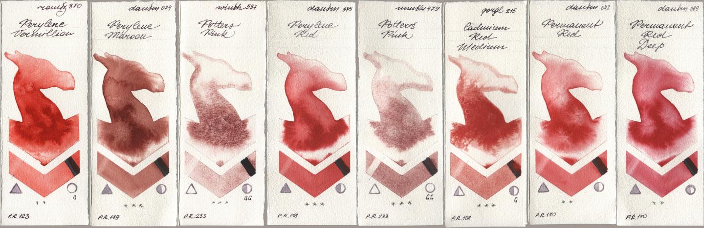 Roman Szmal Aquarius 370 Perylene Vermillion, Daniel Smith 074 Perylene Maroon, Winsor & Newton Professional 537 Potters Pink, 075 Perylene Red, Maimeri Blu 479 Potters Pink, Golden QOR 215 Cadmium Red Medium, 072 Permanent Red, 069 Permanent Red De watercolor swatch