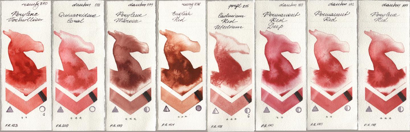 Roman Szmal Aquarius 370 Perylene Vermillion, Daniel Smith 088 Quinacridone Coral, 074 Perylene Maroon, Rosa Gallery 736 English Red, Golden QOR 215 Cadmium Red Medium, 069 Permanent Red Deep, 072 Permanent Red, 075 Perylene R watercolor swatch