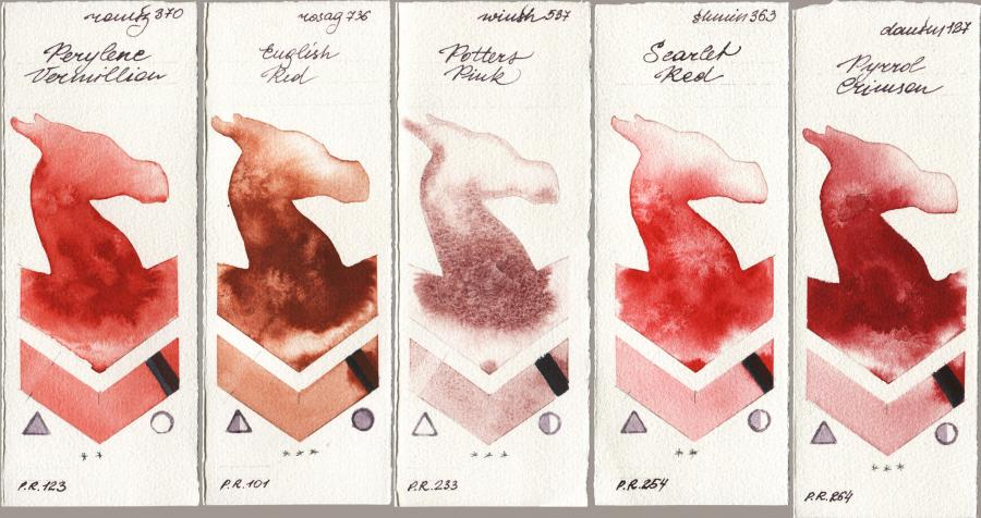 Roman Szmal Aquarius 370 Perylene Vermillion vs Rosa Gallery 736 English Red vs Winsor & Newton Professional 537 Potters Pink vs Shminke Horadam Aquarell 363 Scarlet Red vs Daniel Smith 127 Pyrrol Crimson watercolor swatch