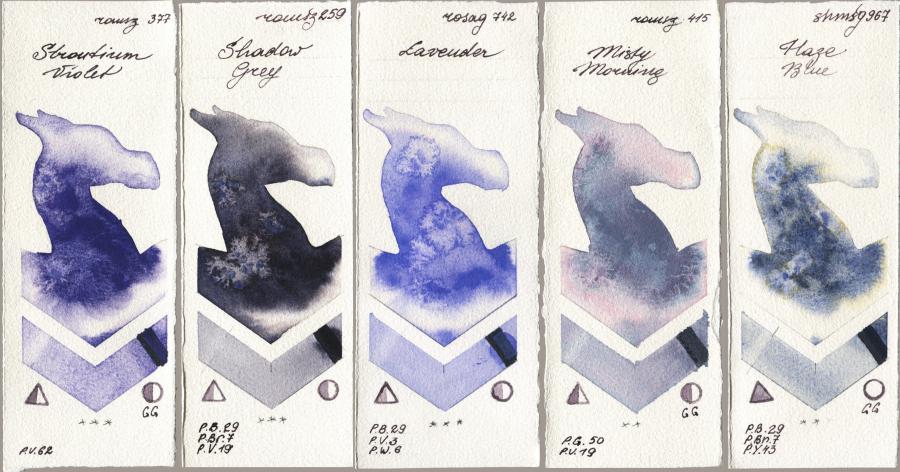 Roman Szmal Aquarius 377 Strontium Violet vs 259 Shadow Grey vs Rosa Gallery 742 Lavender vs 415 Misty Morning vs Shminke Horadam Aquarell 967 Haze Blue watercolor swatch