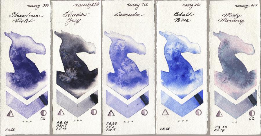 Roman Szmal Aquarius 377 Strontium Violet vs 259 Shadow Grey vs Rosa Gallery 742 Lavender vs 716 Cobalt Blue vs 415 Misty Morning watercolor swatch