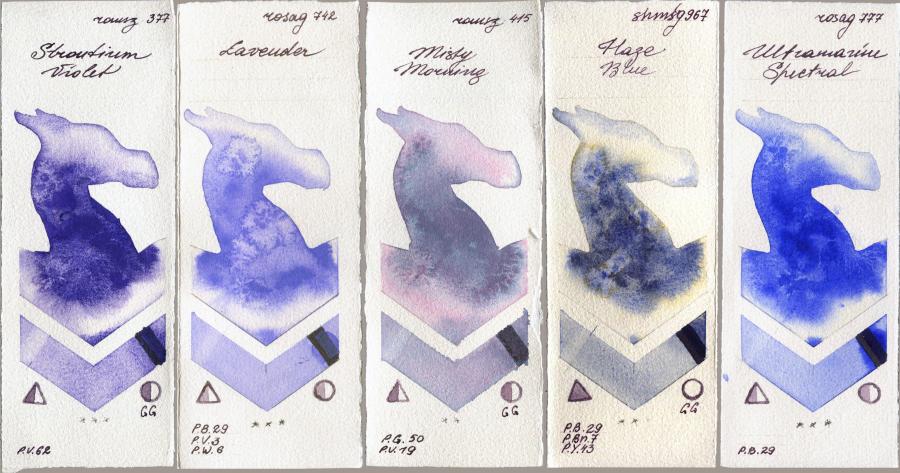 Roman Szmal Aquarius 377 Strontium Violet vs Rosa Gallery 742 Lavender vs 415 Misty Morning vs Shminke Horadam Aquarell 967 Haze Blue vs 777 Ultramarine Spectral watercolor swatch