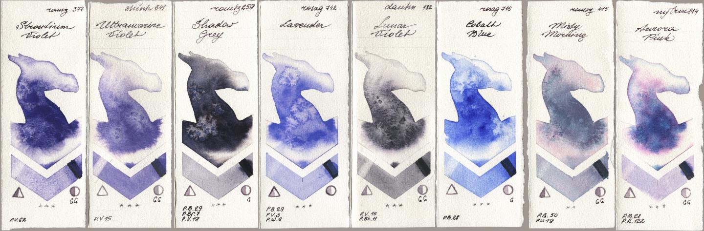 Roman Szmal Aquarius 377 Strontium Violet, Shinhan PWC 641 Ultramarine Violet, 259 Shadow Grey, Rosa Gallery 742 Lavender, Daniel Smith 182 Lunar Violet, 716 Cobalt Blue, 415 Misty Morning, Mijello Mission Gold 814 Aurora Pi watercolor swatch