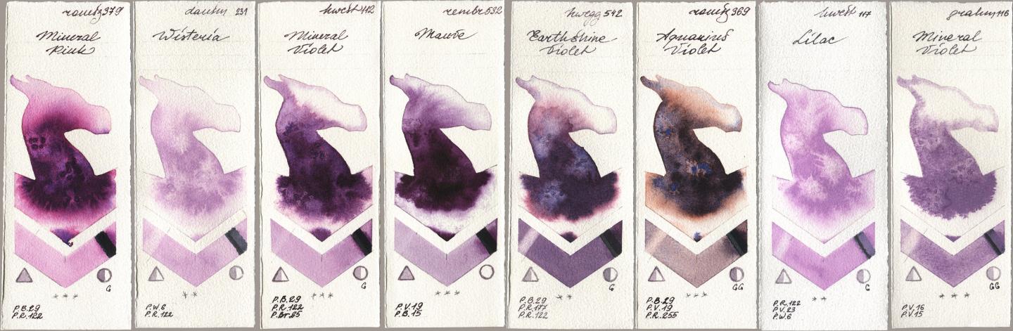 Roman Szmal Aquarius 379 Mineral Pink, Daniel Smith 231 Wisteria, Holbein Artists Watercolor 112 Mineral Violet, Royal Talens Rembrandt Watercolour 532 Mauve, 542 Earthshine Violet, 369 Aquarius Violet, 117 Lilac, M. Graham & Co. Artists 116 Mineral Viol watercolor swatch
