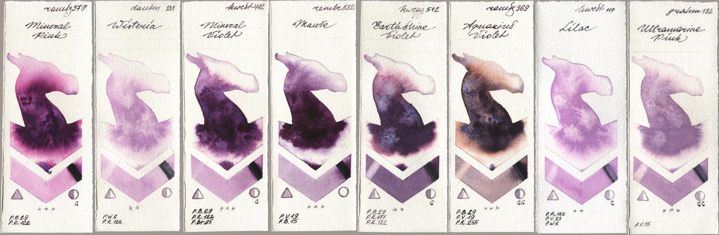 Roman Szmal Aquarius 379 Mineral Pink, Daniel Smith 231 Wisteria, Holbein Artists Watercolor 112 Mineral Violet, Royal Talens Rembrandt Watercolour 532 Mauve, 542 Earthshine Violet, 369 Aquarius Violet, 117 Lilac, M. Graham & Co. Artists 192 Ultramarine Pi watercolor swatch
