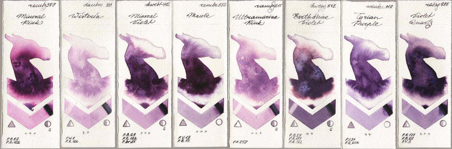 Roman Szmal Aquarius 379 Mineral Pink, Daniel Smith 231 Wisteria, Holbein Artists Watercolor 112 Mineral Violet, Royal Talens Rembrandt Watercolour 532 Mauve, 215 Ultramarine Pink, 542 Earthshine Violet, Winsor & Newton Professional 419 Tyrian Purple, Rosa Gallery 785 Violet Quar watercolor swatch