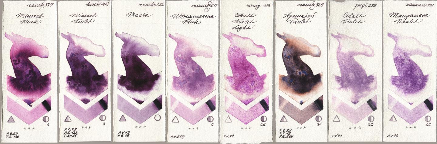Roman Szmal Aquarius 379 Mineral Pink, Holbein Artists Watercolor 112 Mineral Violet, Royal Talens Rembrandt Watercolour 532 Mauve, 215 Ultramarine Pink, 403 Cobalt Violet Light, 369 Aquarius Violet, Golden QOR 285 Cobalt Violet, Daniel Smith 261 Manganese Viol watercolor swatch