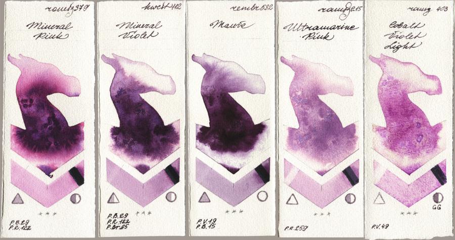 Roman Szmal Aquarius 379 Mineral Pink vs Holbein Artists Watercolor 112 Mineral Violet vs Royal Talens Rembrandt Watercolour 532 Mauve vs 215 Ultramarine Pink vs 403 Cobalt Violet Light watercolor swatch