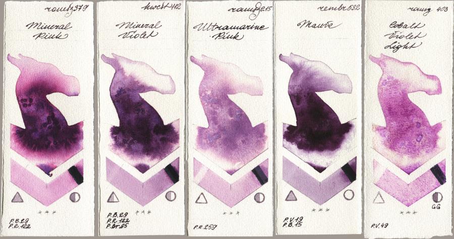 Roman Szmal Aquarius 379 Mineral Pink vs Holbein Artists Watercolor 112 Mineral Violet vs 215 Ultramarine Pink vs Royal Talens Rembrandt Watercolour 532 Mauve vs 403 Cobalt Violet Light watercolor swatch