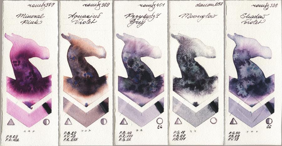 Roman Szmal Aquarius 379 Mineral Pink vs 369 Aquarius Violet vs 401 Przybyszs Grey vs Daniel Smith 057 Moonglow vs 336 Shadow Violet watercolor swatch