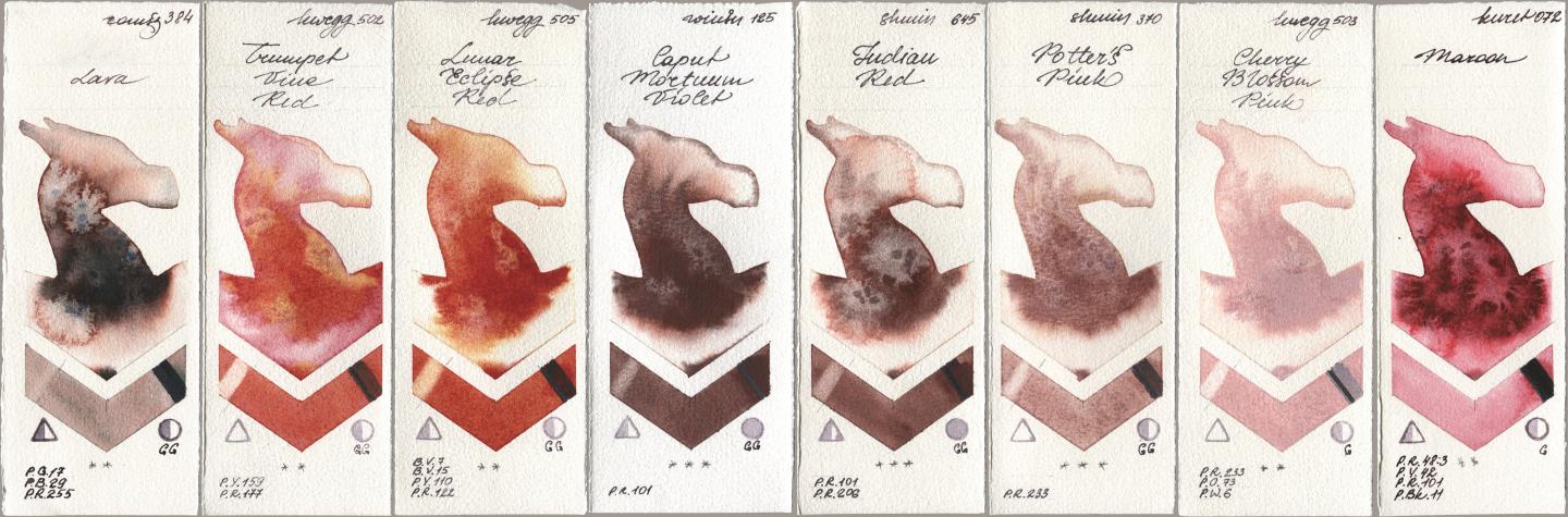 Roman Szmal Aquarius 384 Lava, Holbein Artists Watercolor 502 Trumpet Vine Red, 505 Lunar Eclipse Red, Winsor & Newton Professional 125 Caput Mortuum Violet, Shminke Horadam Aquarell 645 Indian Red, 370 Potters Pink, 503 Cherry Blossom Pink, Kuretake Gansai Tambi 072 Maro watercolor swatch