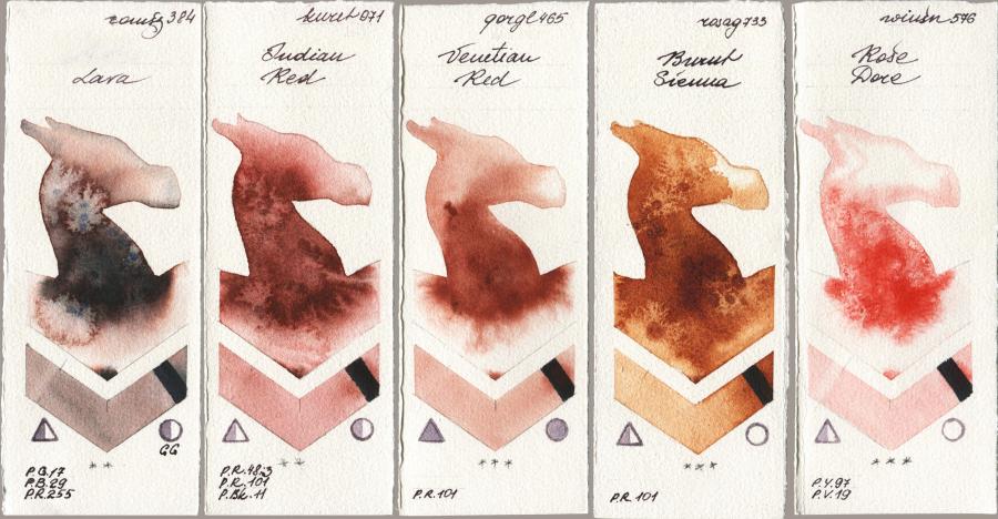 Roman Szmal Aquarius 384 Lava vs Kuretake Gansai Tambi 071 Indian Red vs Golden QOR 465 Venetian Red vs Rosa Gallery 733 Burnt Sienna vs Winsor & Newton Professional 576 Rose Dore watercolor swatch