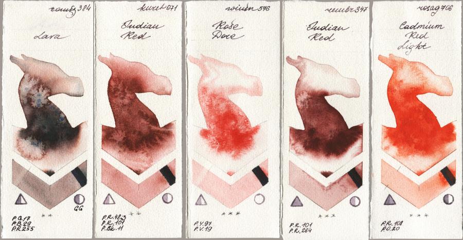 Roman Szmal Aquarius 384 Lava vs Kuretake Gansai Tambi 071 Indian Red vs Winsor & Newton Professional 576 Rose Dore vs Royal Talens Rembrandt Watercolour 347 Indian Red vs Rosa Gallery 706 Cadmium Red Light watercolor swatch