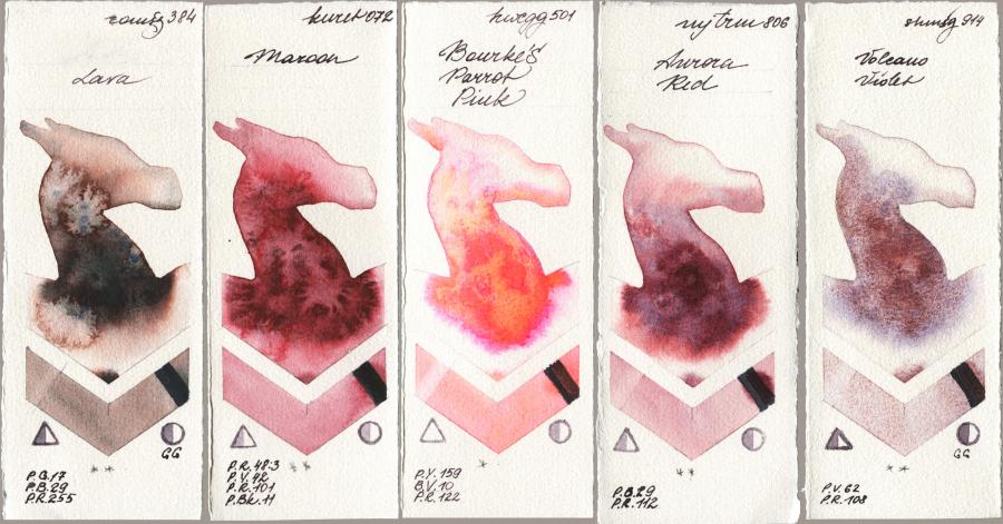 Roman Szmal Aquarius 384 Lava vs Kuretake Gansai Tambi 072 Maroon vs Holbein Artists Watercolor 501 Bourkes Parrot Pink vs Mijello Mission Gold 806 Aurora Red vs Shminke Horadam Aquarell 914 Volcano Violet watercolor swatch