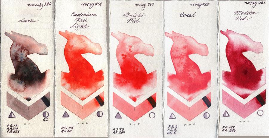 Roman Szmal Aquarius 384 Lava vs Rosa Gallery 706 Cadmium Red Light vs 740 Bright Red vs 756 Coral vs 725 Madder Red watercolor swatch
