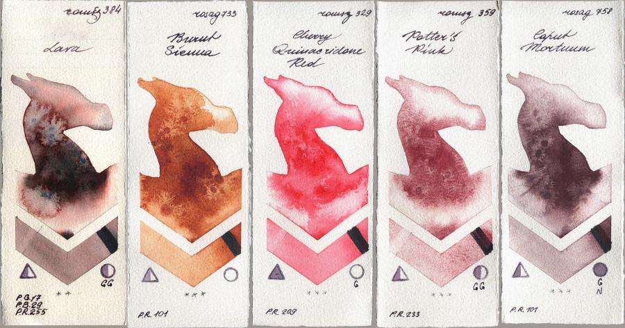 Roman Szmal Aquarius 384 Lava vs Rosa Gallery 733 Burnt Sienna vs 329 Cherry Quinacridone Red vs 359 Potters Pink vs 758 Caput Mortuum watercolor swatch