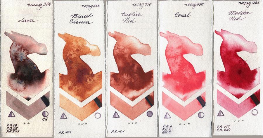 Roman Szmal Aquarius 384 Lava vs Rosa Gallery 733 Burnt Sienna vs 736 English Red vs 756 Coral vs 725 Madder Red watercolor swatch