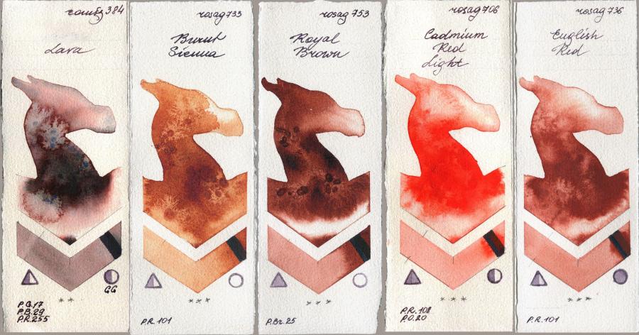 Roman Szmal Aquarius 384 Lava vs Rosa Gallery 733 Burnt Sienna vs 753 Royal Brown vs 706 Cadmium Red Light vs 736 English Red watercolor swatch