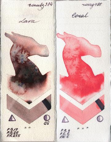 Roman Szmal Aquarius 384 Lava vs Rosa Gallery 756 Coral watercolor swatch