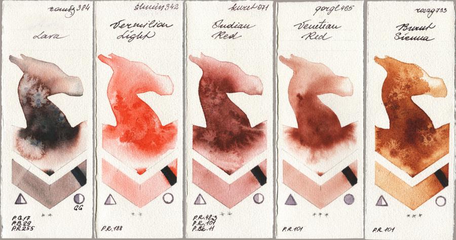 Roman Szmal Aquarius 384 Lava vs Shminke Horadam Aquarell 342 Vermilion Light vs Kuretake Gansai Tambi 071 Indian Red vs Golden QOR 465 Venetian Red vs Rosa Gallery 733 Burnt Sienna watercolor swatch