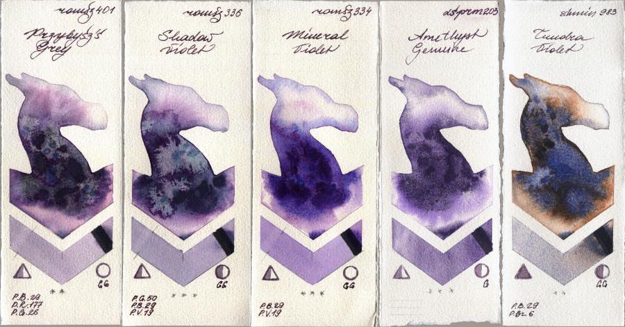 Roman Szmal Aquarius 401 Przybyszs Grey vs 336 Shadow Violet vs 334 Mineral Violet vs Daniel Smith 203 Amethyst Genuine vs Shminke Horadam Aquarell 983 Tundra Violet watercolor swatch