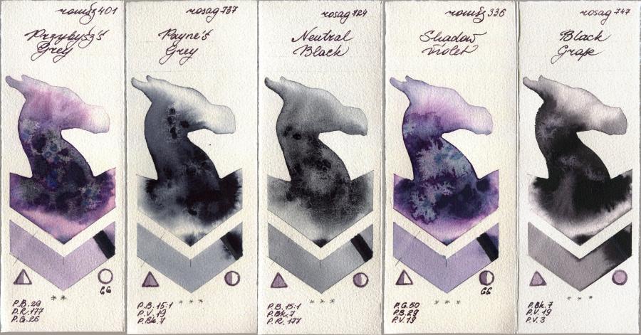 Roman Szmal Aquarius 401 Przybyszs Grey vs Rosa Gallery 737 Paynes Grey vs 724 Neutral Black vs 336 Shadow Violet vs 747 Black Grape watercolor swatch