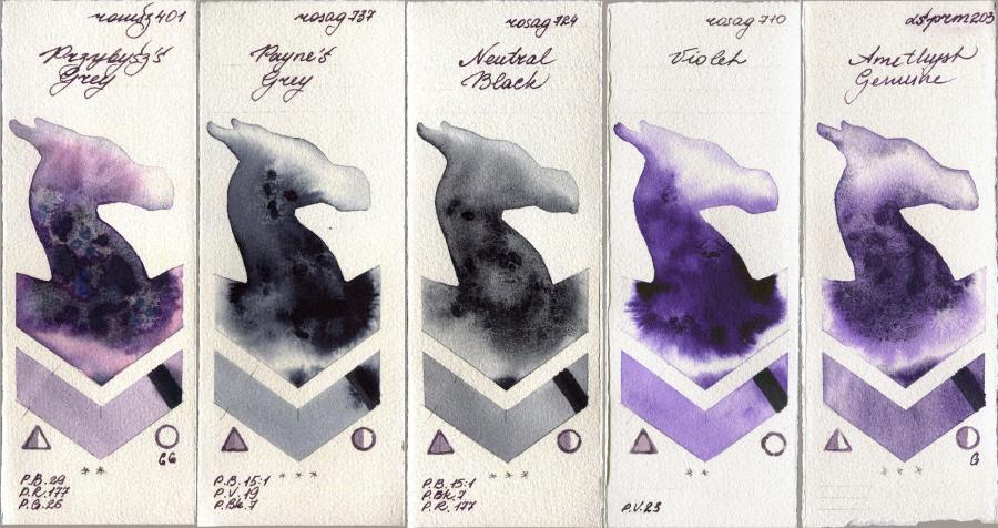 Roman Szmal Aquarius 401 Przybyszs Grey vs Rosa Gallery 737 Paynes Grey vs 724 Neutral Black vs 710 Violet vs Daniel Smith 203 Amethyst Genuine watercolor swatch