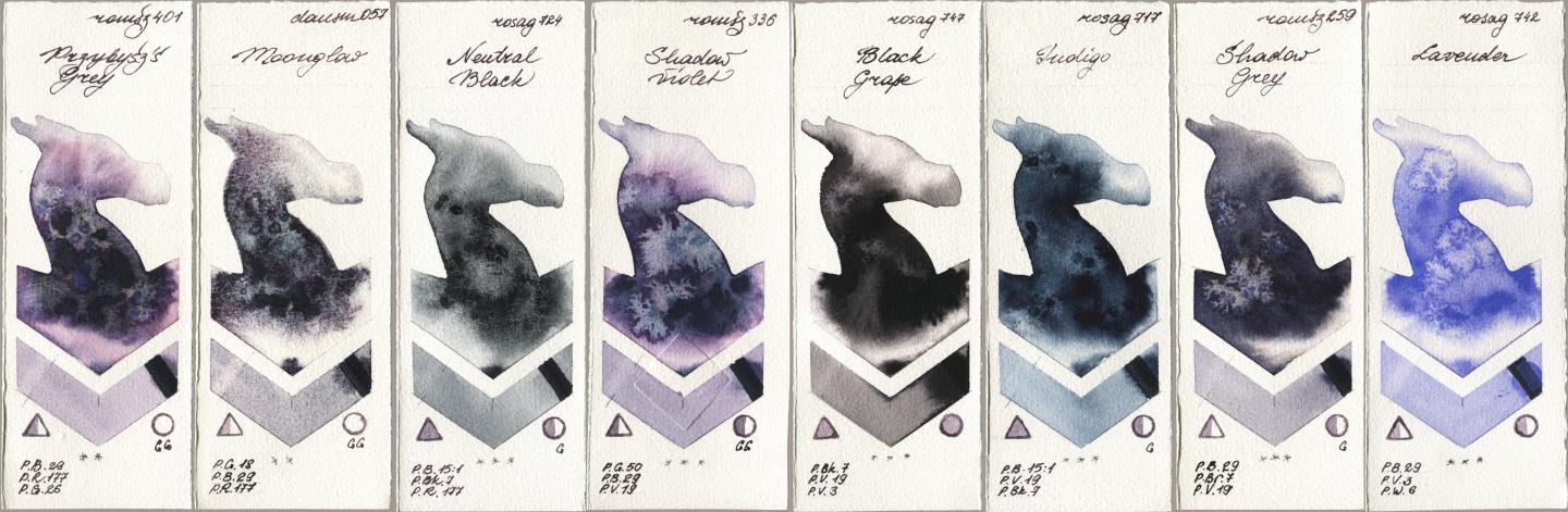 Roman Szmal Aquarius 401 Przybyszs Grey, Daniel Smith 057 Moonglow, Rosa Gallery 724 Neutral Black, 336 Shadow Violet, 747 Black Grape, 717 Indigo, 259 Shadow Grey, 742 Lavend watercolor swatch