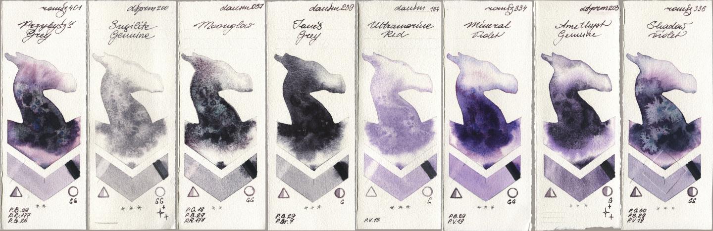 Roman Szmal Aquarius 401 Przybyszs Grey, Daniel Smith 200 Sugilite Genuine, 057 Moonglow, 239 Janes Grey, 107 Ultramarine Red, 334 Mineral Violet, 203 Amethyst Genuine, 336 Shadow Viol watercolor swatch