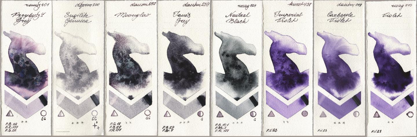 Roman Szmal Aquarius 401 Przybyszs Grey, Daniel Smith 200 Sugilite Genuine, 057 Moonglow, 239 Janes Grey, Rosa Gallery 724 Neutral Black, Kuretake Gansai Tambi 038 Imperial Violet, 019 Carbazole Violet, 710 Viol watercolor swatch