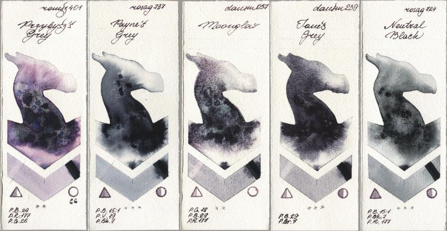 Roman Szmal Aquarius 401 Przybyszs Grey vs Rosa Gallery 737 Paynes Grey vs Daniel Smith 057 Moonglow vs 239 Janes Grey vs 724 Neutral Black watercolor swatch
