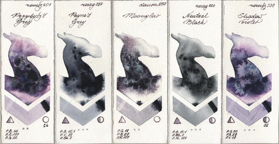 Roman Szmal Aquarius 401 Przybyszs Grey vs Rosa Gallery 737 Paynes Grey vs Daniel Smith 057 Moonglow vs 724 Neutral Black vs 336 Shadow Violet watercolor swatch