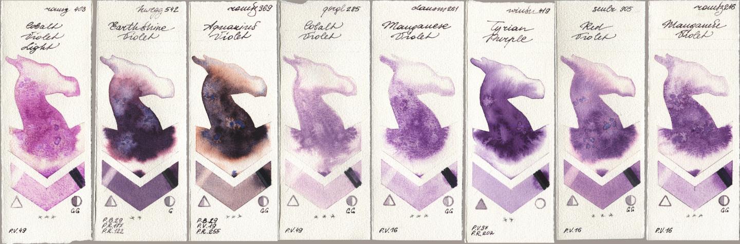 Roman Szmal Aquarius 403 Cobalt Violet Light, Holbein Artists Watercolor 542 Earthshine Violet, 369 Aquarius Violet, Golden QOR 285 Cobalt Violet, Daniel Smith 261 Manganese Violet, Winsor & Newton Professional 419 Tyrian Purple, Sennelier l Aquarelle 905 Red Violet, 216 Manganese Viol watercolor swatch