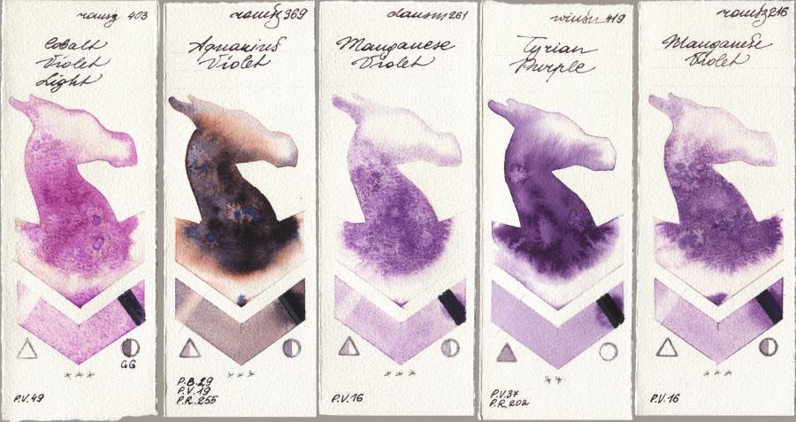 Roman Szmal Aquarius 403 Cobalt Violet Light vs 369 Aquarius Violet vs Daniel Smith 261 Manganese Violet vs Winsor & Newton Professional 419 Tyrian Purple vs 216 Manganese Violet watercolor swatch