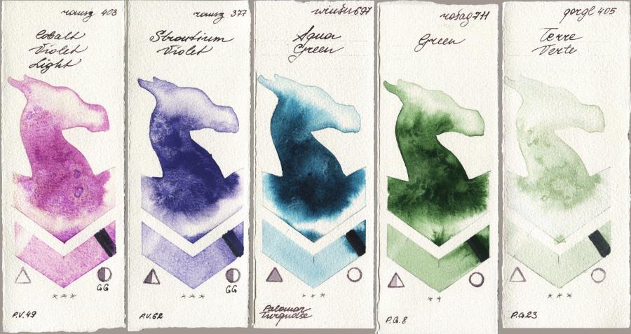 Roman Szmal Aquarius 403 Cobalt Violet Light vs 377 Strontium Violet vs Winsor & Newton Professional 697 Aqua Green vs Rosa Gallery 711 Green vs Golden QOR 405 Terre Verte watercolor swatch