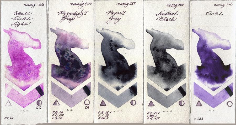 Roman Szmal Aquarius 403 Cobalt Violet Light vs 401 Przybyszs Grey vs Rosa Gallery 737 Paynes Grey vs 724 Neutral Black vs 710 Violet watercolor swatch