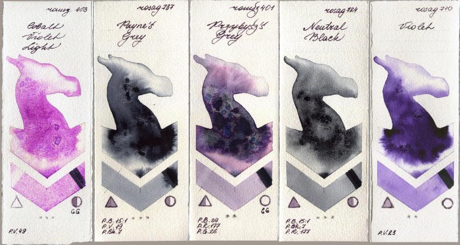 Roman Szmal Aquarius 403 Cobalt Violet Light vs Rosa Gallery 737 Paynes Grey vs 401 Przybyszs Grey vs 724 Neutral Black vs 710 Violet watercolor swatch