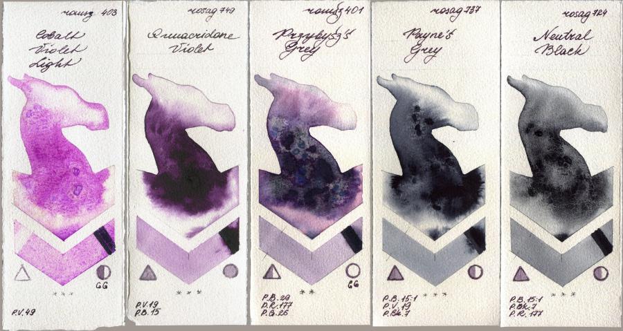 Roman Szmal Aquarius 403 Cobalt Violet Light vs Rosa Gallery 749 Quinacridone Violet vs 401 Przybyszs Grey vs 737 Paynes Grey vs 724 Neutral Black watercolor swatch