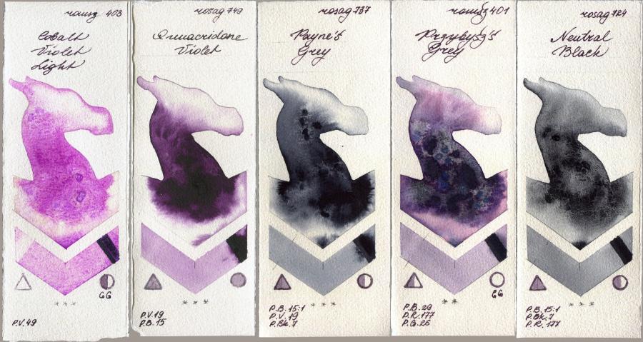 Roman Szmal Aquarius 403 Cobalt Violet Light vs Rosa Gallery 749 Quinacridone Violet vs 737 Paynes Grey vs 401 Przybyszs Grey vs 724 Neutral Black watercolor swatch
