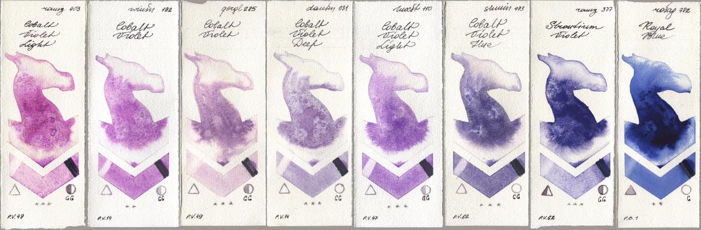 Roman Szmal Aquarius 403 Cobalt Violet Light, Winsor & Newton Professional 192 Cobalt Violet, Golden QOR 285 Cobalt Violet, Daniel Smith 031 Cobalt Violet Deep, Holbein Artists Watercolor 110 Cobalt Violet Light, Shminke Horadam Aquarell 473 Cobalt Violet Hue, 377 Strontium Violet, Rosa Gallery 782 Royal Bl watercolor swatch