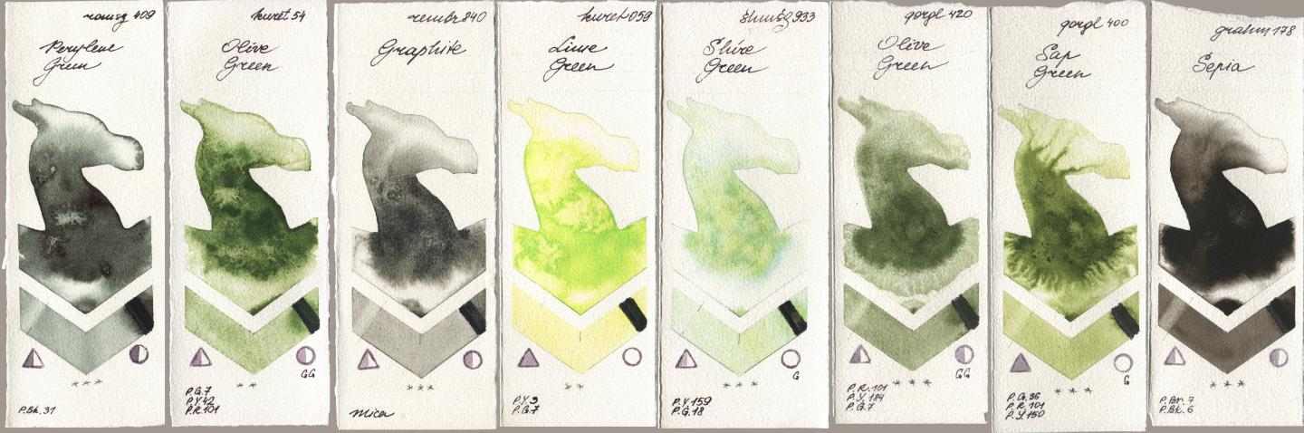 Roman Szmal Aquarius 409 Perylene Green, Kuretake Gansai Tambi 054 Olive Green, Royal Talens Rembrandt Watercolour 840 Graphite, 059 Lime Green, Shminke Horadam Aquarell 933 Shire Green, Golden QOR 420 Olive Green, 400 Sap Green, M. Graham & Co. Artists 178 Sep watercolor swatch