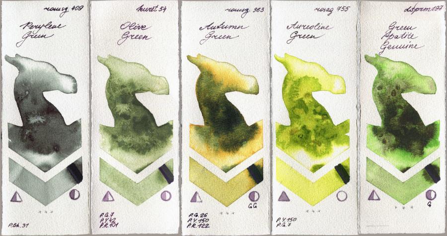 Roman Szmal Aquarius 409 Perylene Green vs Kuretake Gansai Tambi 54 Olive Green vs 363 Autumn Green vs Rosa Gallery 755 Aureoline Green vs Daniel Smith 197 Green Apatite Genuine watercolor swatch
