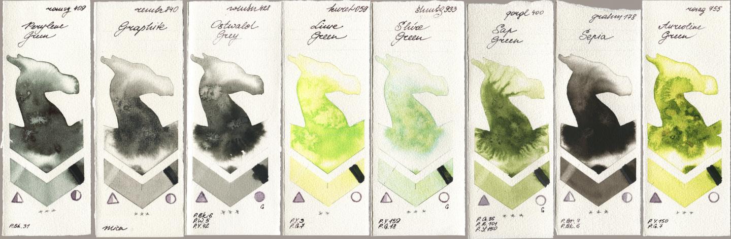 Roman Szmal Aquarius 409 Perylene Green, Royal Talens Rembrandt Watercolour 840 Graphite, Winsor & Newton Professional 428 Ostwald Grey, Kuretake Gansai Tambi 059 Lime Green, Shminke Horadam Aquarell 933 Shire Green, Golden QOR 400 Sap Green, M. Graham & Co. Artists 178 Sepia, Rosa Gallery 755 Aureoline Gre watercolor swatch
