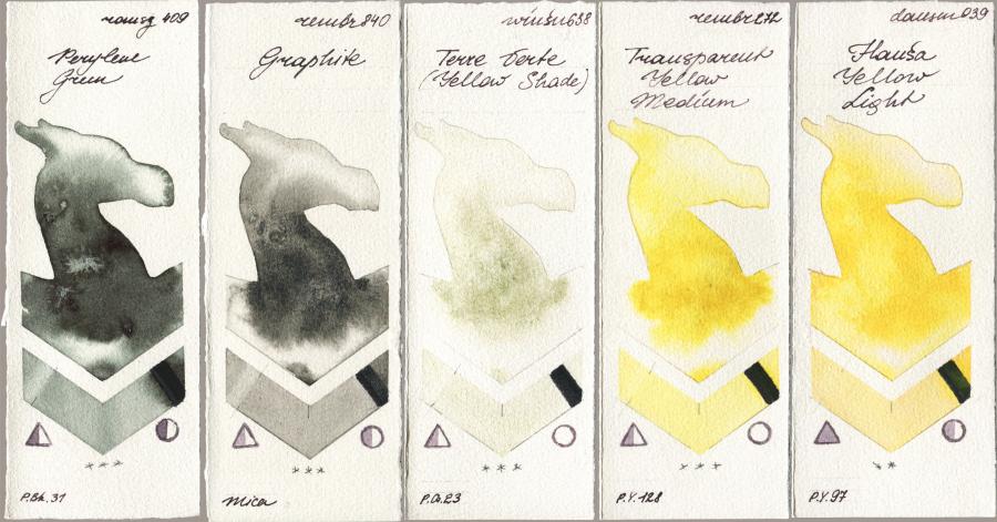 Roman Szmal Aquarius 409 Perylene Green vs Royal Talens Rembrandt Watercolour 840 Graphite vs Winsor & Newton Professional 638 Terre Verte (Yellow Shade) vs 272 Transparent Yellow Medium vs Daniel Smith 039 Hansa Yellow Light watercolor swatch