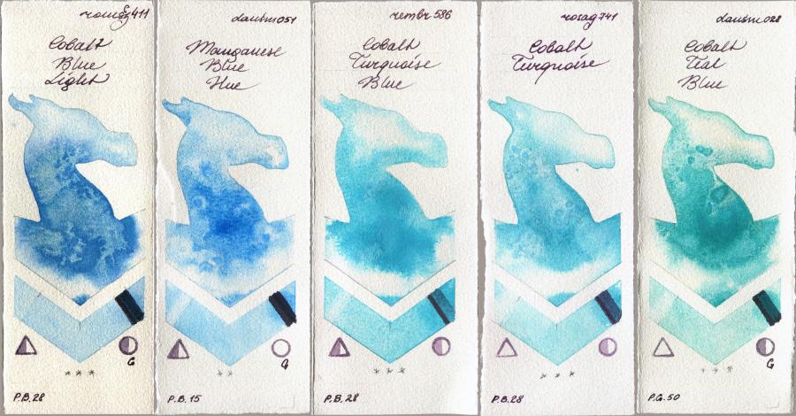Roman Szmal Aquarius 411 Cobalt Blue Light vs Daniel Smith 051 Manganese Blue Hue vs Royal Talens Rembrandt Watercolour 586 Cobalt Turquoise Blue vs Rosa Gallery 741 Cobalt Turquoise vs 028 Cobalt Teal Blue watercolor swatch