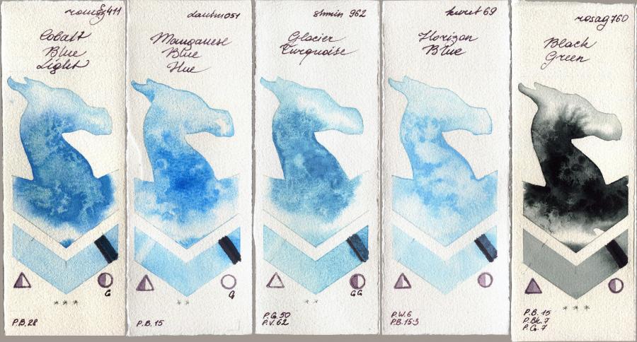 Roman Szmal Aquarius 411 Cobalt Blue Light vs Daniel Smith 051 Manganese Blue Hue vs Shminke Horadam Aquarell 962 Glacier Turquoise vs Kuretake Gansai Tambi 69 Horizon Blue vs Rosa Gallery 760 Black Green watercolor swatch