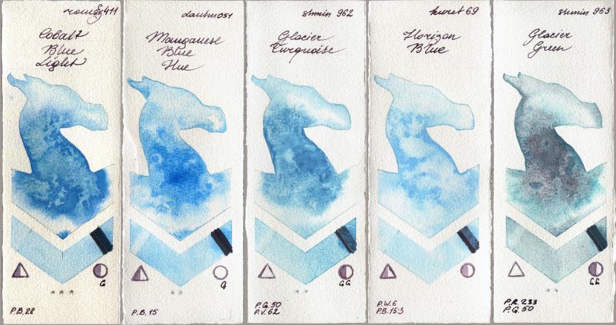 Roman Szmal Aquarius 411 Cobalt Blue Light vs Daniel Smith 051 Manganese Blue Hue vs Shminke Horadam Aquarell 962 Glacier Turquoise vs Kuretake Gansai Tambi 69 Horizon Blue vs 963 Glacier Green watercolor swatch