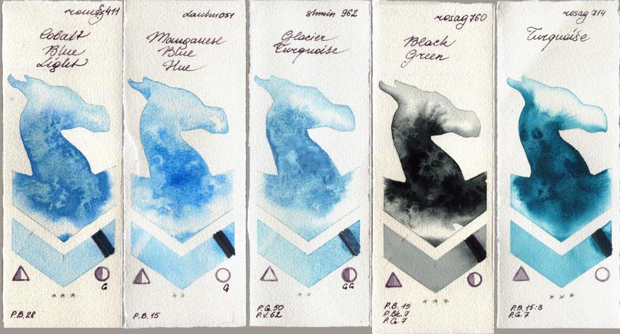Roman Szmal Aquarius 411 Cobalt Blue Light vs Daniel Smith 051 Manganese Blue Hue vs Shminke Horadam Aquarell 962 Glacier Turquoise vs Rosa Gallery 760 Black Green vs 714 Turquiose watercolor swatch
