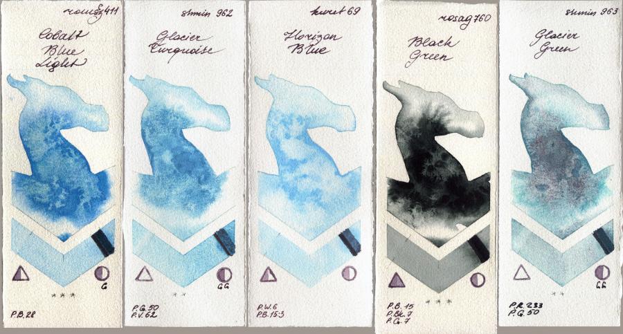Roman Szmal Aquarius 411 Cobalt Blue Light vs Shminke Horadam Aquarell 962 Glacier Turquoise vs Kuretake Gansai Tambi 69 Horizon Blue vs Rosa Gallery 760 Black Green vs 963 Glacier Green watercolor swatch